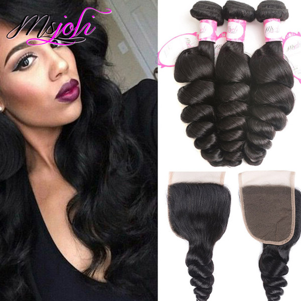 Brazilian Virgin Human Hair 3 Bundles With 4X4 Lace Closure Middle Free Three Part Loose Wave Bundles With Closure Natural Color