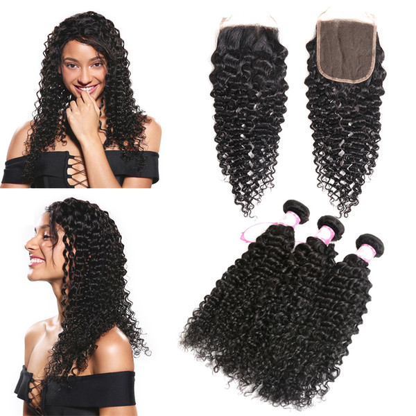 Brazilian Deep Wave Curly Hair 3 Bundles and Closure 10-26 Inch Human Hair Bundles Mink Brazilian Hair Weave With Closure Natural Black