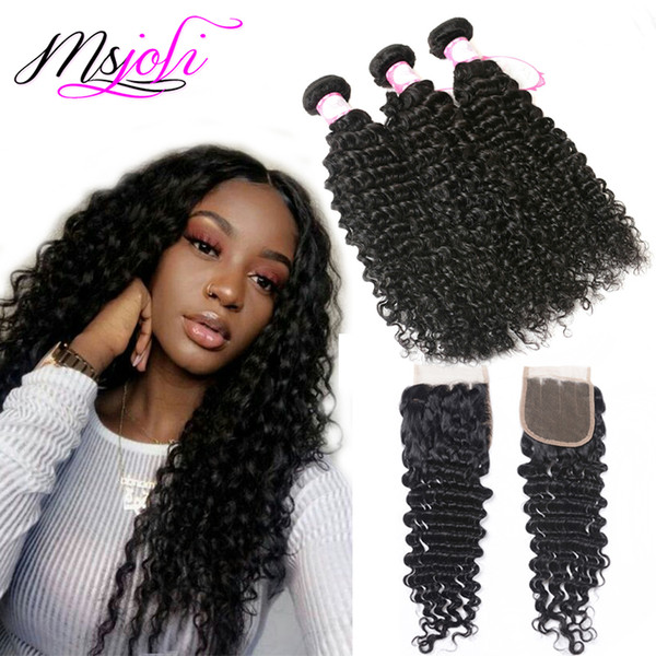 Brazilian virgin human hair bundles with closure deep wave hair natural color 4x4 lace closure with 3 bundles from Ms Joli