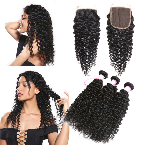 Cheap Brazilian Human Hair Bundles With Lace Closure 4*4 Water Wave Peruvian Hair Deep Wave Loose Wave Virgin Hair Extensions Deep Curly