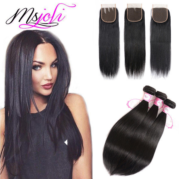 Brazilian virgin human hair weave unprocessed straight natural color 4x4 lace closure with three bundles four pieces/lot from Ms Joli