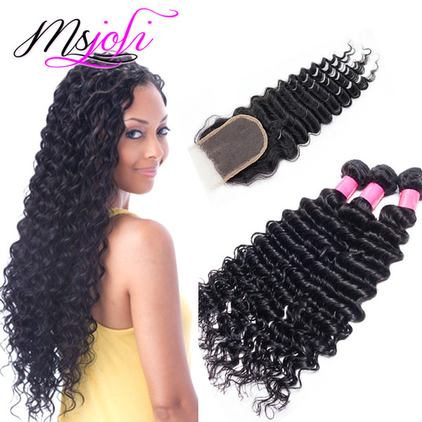 Brazilian unprocessed virgin human hair weave deep wave natural color 4x4 lace closure with three bundles from Ms Joli