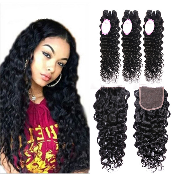 Brazilian Water Wave Virgin Hair Bundles With Lace closure Brazilian Human hair Extensions 3 Bundles With Lace Closure Products Wholesale