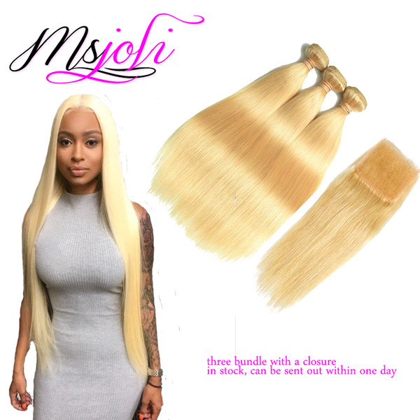 Ms joli 8A Blonde Brazilian Straight Human Hair Weave Bundles With Closure 4*4 with Baby Hair Blonde Extension #613 3 bundles with a closure