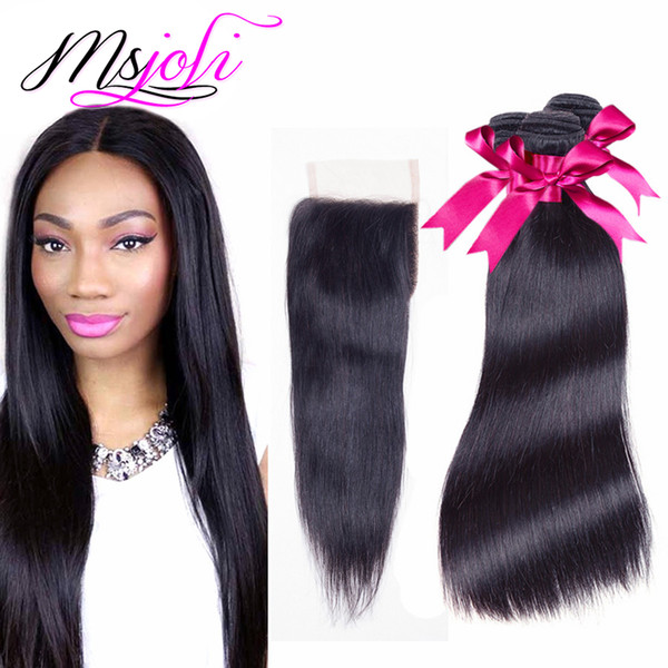 Brazilian virgin human hair weave unprocessed 4x4 lace closure with 3 bundles straight natural color unprocessed remy hair from Ms Joli