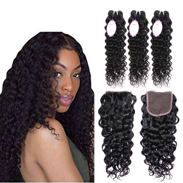 Peruvian Malaysian Indian Brazilian Virgin Hair 3 Bundles with Lace Closure Natural Wavy Water Wave Curly Mink Human Hair Weave