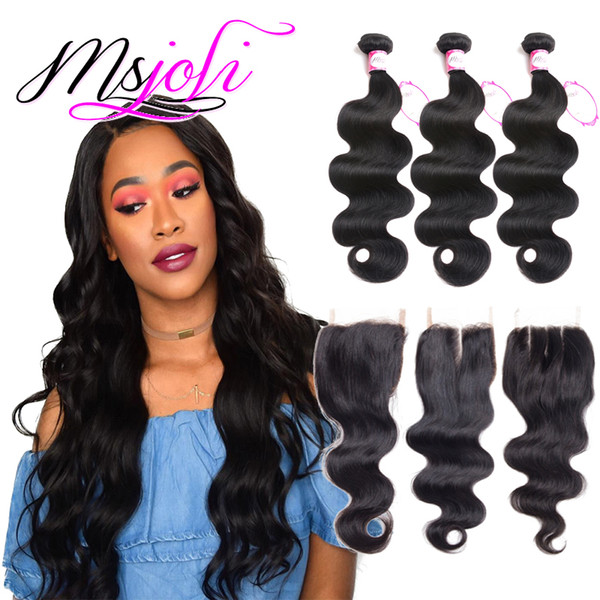 Msjoli Brazilian Virgin Hair With Closure Extensions Bundle Brazilian Body Wave Hair With 4x4 Lace Closure Unprocessed Remy Human Hair Weave