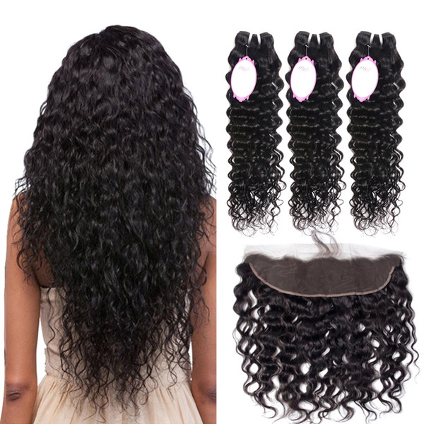 Brazilian Virgin Hair Lace Frontal Closure with Bundles 8A Brazilian Human Hair Weave Bundles Wet and Wavy Water Wave 4 Bundles with Closure