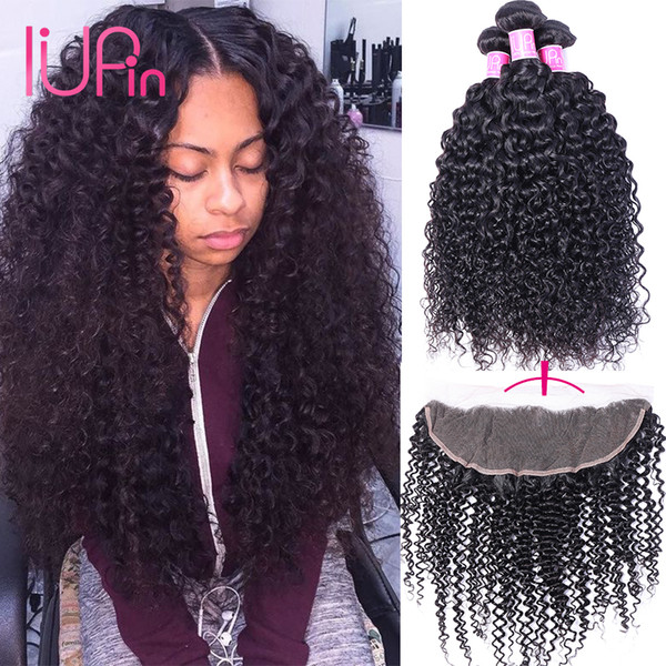 IUPin Hair Products Unprocessed Brazilian Virgin Human Hair 13x4 Ear to Ear Lace Frontal with 3 Bundles and Human Curly Hair Weaves Closure