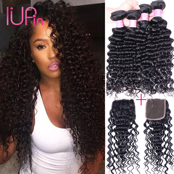 Deep Wave 4 Bundles with Lace Closure and Peruvian Virgin Hair 100 Natural Human Hair Weaves Closure and Deep Curly Hair Extensions