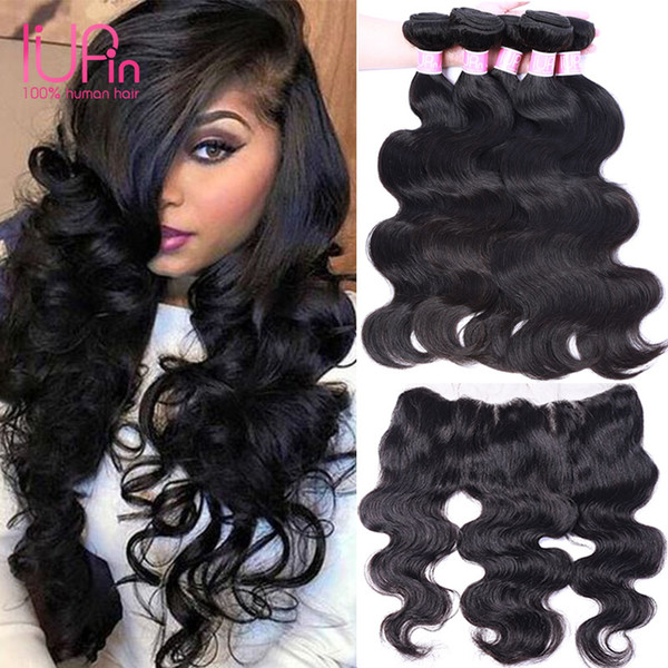 Brazilian Human Hair Body Wave 4 Bundles With 13X4 Ear to Ear Lace Frontal Closure Natural Black Color 5 Pieces IUPin Virgin Hair