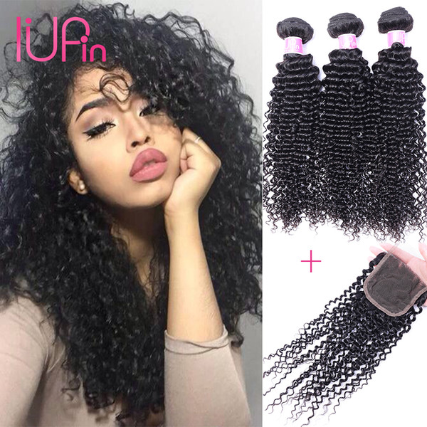 IUPin Hair Products Indian Human Hair 3 Bundles with Lace Closure and Indian Virgin Hair Kinky Curly Weave 4 Bundles Deals Beauty Supply