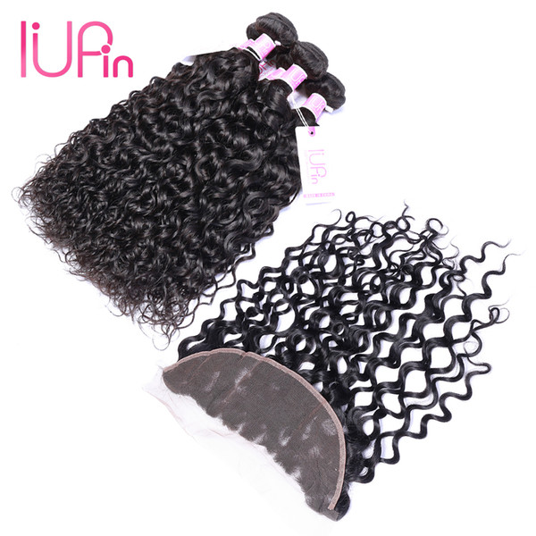 IUPin Hair 8A Grade Brazilian Water Wave Hair 3 Bundles with Lace Frontal Closure 100% Unprocessed Human Hair Natural Black 95-105g