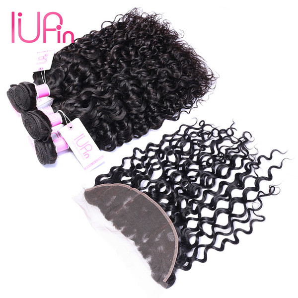 Human Hair Water Wave Frontal with Bundles Pack 4 Brazilian Virgin Hair Wet and Wavy Ear to Ear Closure with Baby Hair 13x4