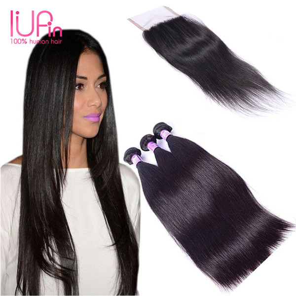 IUPin Hair Product Brazilian Straight Hair 3 Bundles with Lace Closure Grade 7A 100% Unprocessed Brazilian Virgin Human Hair Weave Bundles