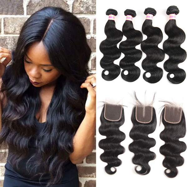 9A Malaysian Peruvian Indian Brazilian Virgin Body Wave Hair Weaves 3 OR 4 Bundles With Closure Human Hair Bundle With Lace Closure