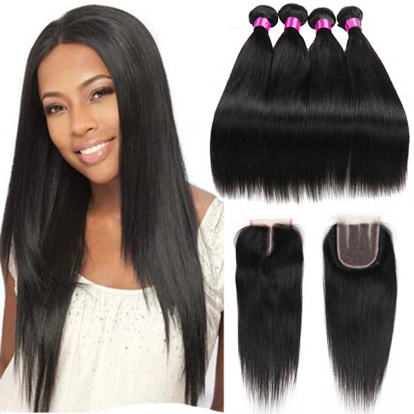 Peruvian Malaysian Indian Brazilian Virgin Straight Weaves Hair With Closure 8A Human Hair With Closure 3 OR 4 Bundles With Closure