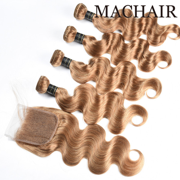 Brazilian Virgin Hair Straight Honey Blonde Bundles With Lace Closure #27 Peruvian Human Hair Weave 4 PCS Double Weft Hair Extenisons