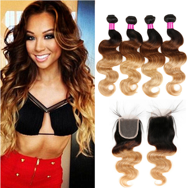 Blonde Lace Closure With Bundles Ombre Human Hair Peruvian Virgin Body Wave Hair Weaves 1B/4/27 1B/27 Hair Bundles With Closure