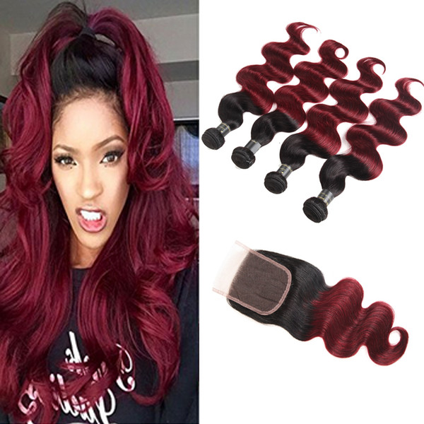 Burgundy Brazilian Virgin Hair Bundles With Closures 1B/99J Peruvian Malaysian Indian Body Wave Ombre Human Hair Bundles With Closure