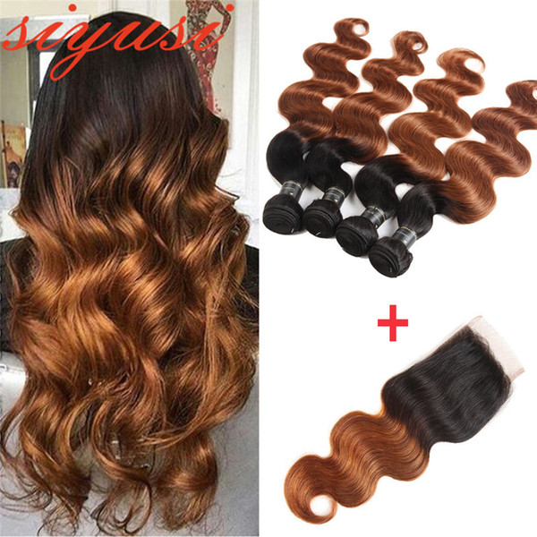 Ombre Brazilian Body Wave Hair Bundles With Lace Closure 1B/30 Two Tone Unprocessed Brazilian Body Wave Human Hair With Closure Free Part