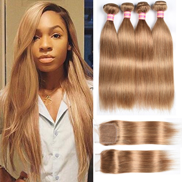 8A Peruvian Full Head 4Pcs Virgin Human Hair Weft 3 pcs+1pcs Closure(4*4) Honey Blonde Color 27# Straight Human Hair Weaves With Closure