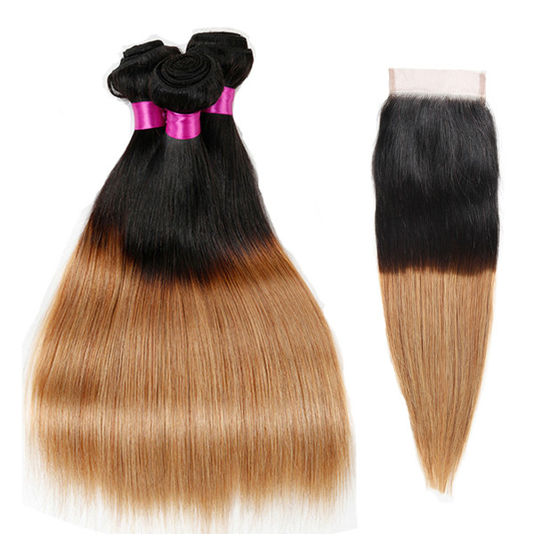 Brazilian Virgin Hair Bundles With Closure Ombre Brazilian Straight Human Hair With Closure Blonde Lace Closure With Bundles