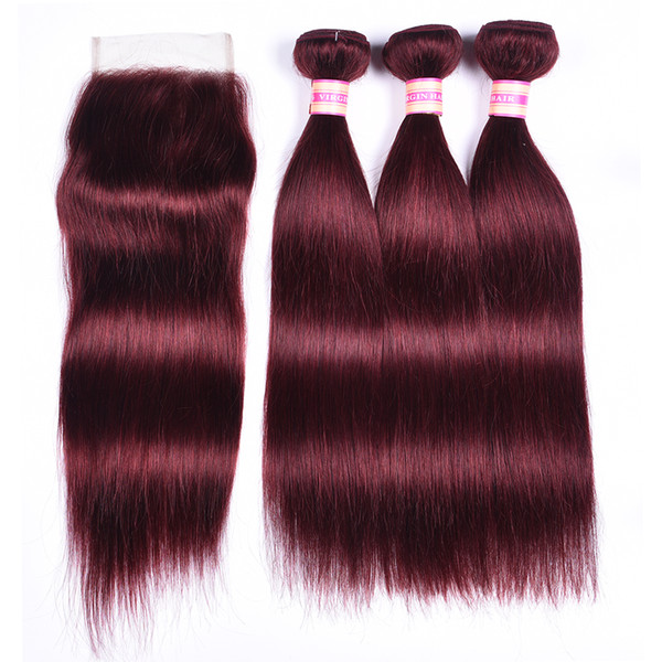 Brazilian Straight Virgin Hair With Closure 99J Red Color Hair Burgundy 9A Unprocessed Human Hair With Closure Bundles And Closure