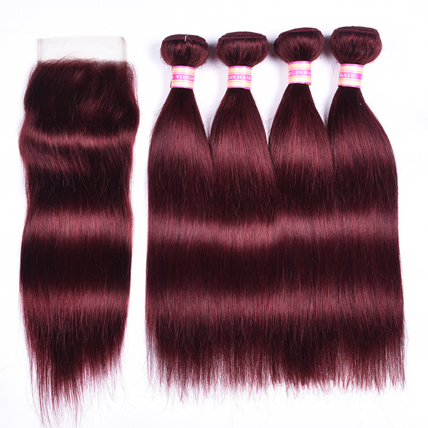 Burgundy Brazilian Virgin Hair 3/4 Bundles With Closure 100% 99J Red Unprocessed Peruvian Indian Malaysian Straight Human Hair Weave