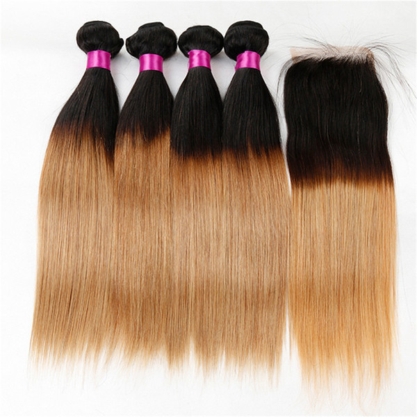 Malaysian virgin straight hair bundles with closure blonde lace closure with bundles ombre human hair lace closure