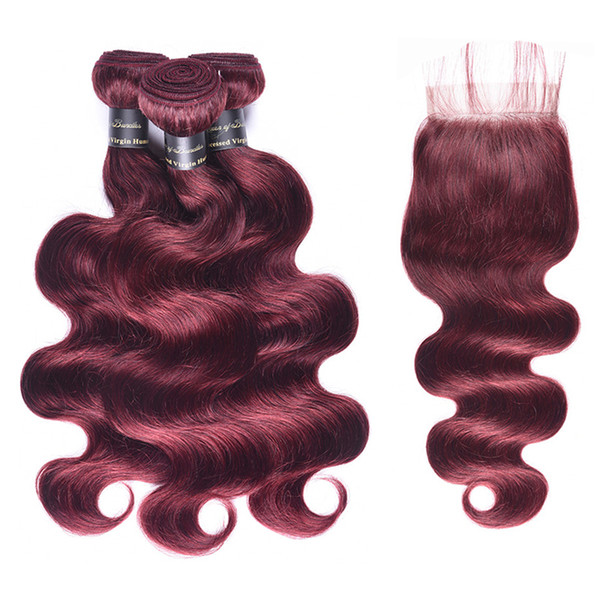 99J# Brazilian Virgin Hair Body Wave Bundles With Closures 9A Unprocessed Virgin Hair Burgundy Peruvian Human Hair Bundles With Closure