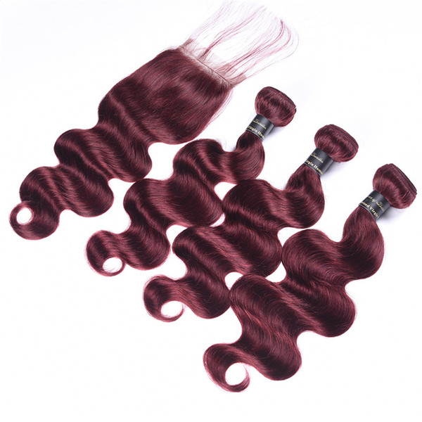 Burgundy Brazilian Virgin Human Hair Bundles With Closure Pure color 27# 30# 99j Peruvian Body Wave Virgin Hair Bundles With Lace Closure