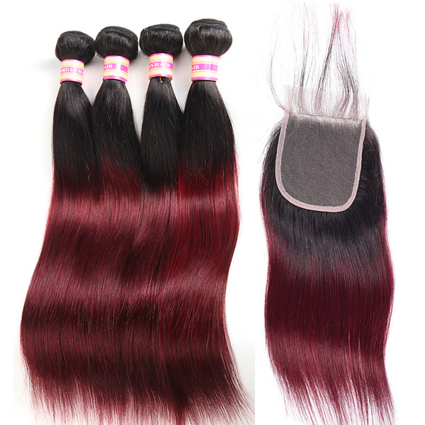 1B/99j Ombre Bundles With Closure Siyusi Colored Human Hair Red Brazilian Straight Virgin Hair 3 Bundles With Closure