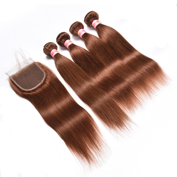 Brazilian straight Human Hair Bundles with Lace Closure Free Part Remy Hair Weave 3 Bundles with Closure 30#