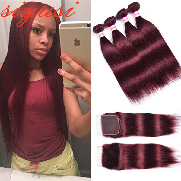 Red 99J Burgundy Brazilian Straight Human Hair Weave 3/4 Bundles With Closure Remy Human Hair Extension With Lace Closure