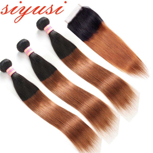 Malaysian Hair Straight Ombre 3 Bundles with Closure Deals T1B/30# Human Hair Bundles With Closure Malaysian Hair Weave With Closure