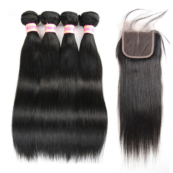 Indian Malaysian Peruvian Brazilian Unprocessed Virgin Hair Straight 3 OR 4 Bundles With Closure Natural Color Human Hair Lace Closure