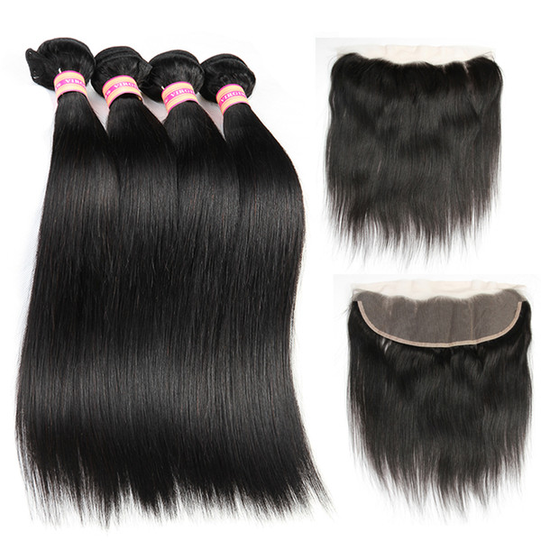 Siyusi Indian Straight Virgin Hair Bundles With 13X4 Lace frontal Closure Human Hair Extensions Human Weave Bundles With Closure Top Bulk