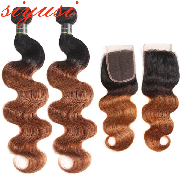 Ombre Peruvian Human Hair Bundles With 4x4 Lace Closure T1B/27 T1B/30 Cheap Peruvian Body Wave 4 Bundles Double Weft Hair Extensions