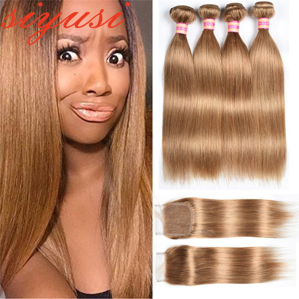 Indian Hair Body wave 3 Bundles With Closure Human Hair Blonde Bundles With Closure Pure Color #27 Indian Virgin Hair With Closure