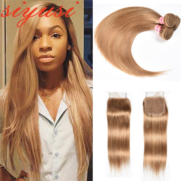 Straight Blonde Hair Brazilian Human Hair Bundles With Lace Closure #27 Honey Blonde Brazilian Virgin Hair With Lace Closure