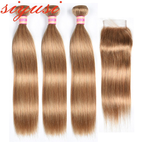 Pre-colored #27 Malaysian Virgin Hair Straight 3/4 Bundles With Closure Blonde Bundles With Closure 100% Human Hair Weave With Closure