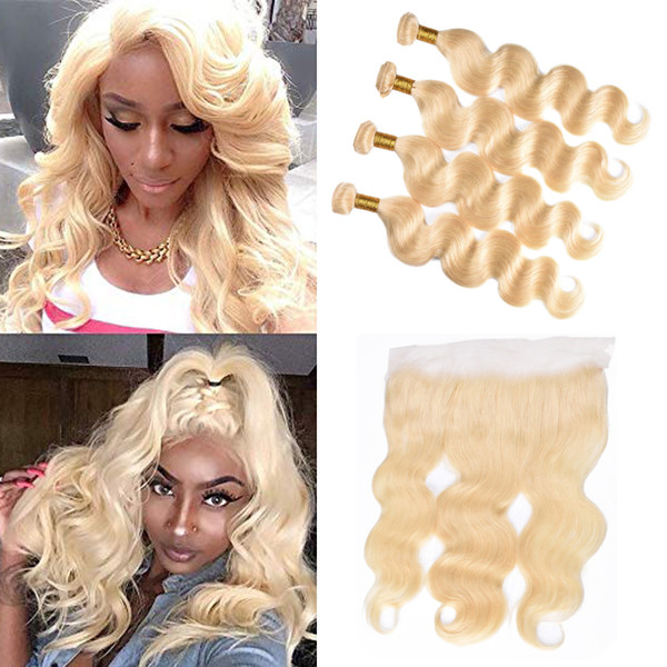 Brazilian Virgin Hair Extensions Body Wave 613# Blonde Human Hair Bundles With Closure 3 Bundles With 13x4 Lace Frontal For Hair Salon