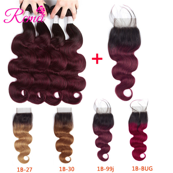 Rcmei Ombre Indian Body Wave Remy Human Hair 1B/27 1B/30 1B/99J 1B/Burgundy Two Tone 4 Bundles With Lace Closure