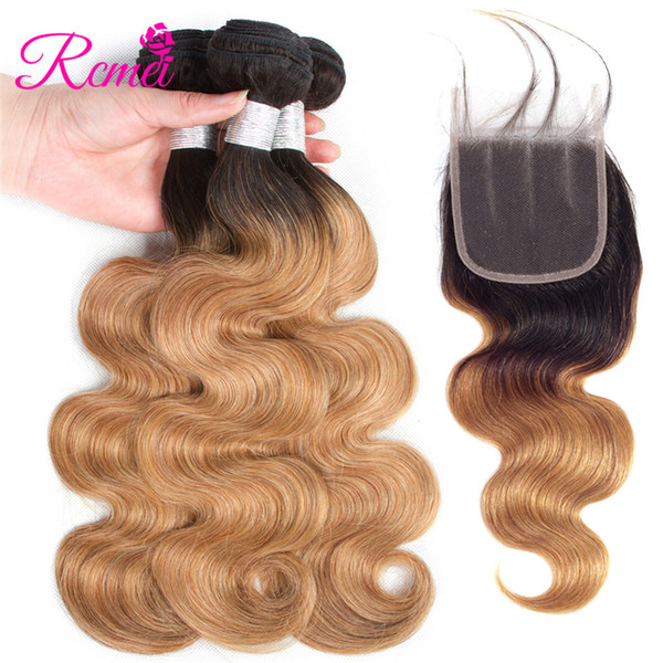 Rcmei Brazilian Pre-Colored Human Hair Weave 3 Bundles Body Wave Ombre Body Wave Hair With Free/Middle/Three Prat Lace Closure 1B 27