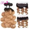 Rcmei Brazilian Virgin Ombre Body Wave Human Hair 3 Bundles with Lace Frontal Free Part 2 Tone Color T1B/27 30 99J Burgundy