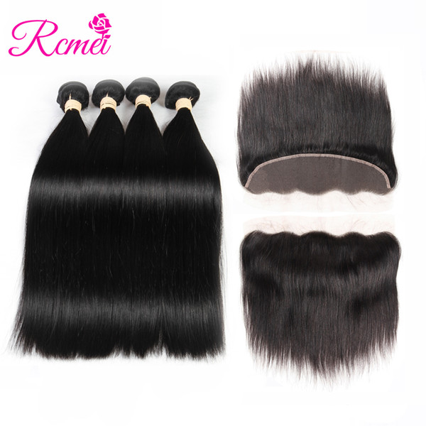 Rcmei Brazilian Straight 13*4 Lace Frontal Closure With Bundles Human Hair 4 Weaves Human Hair Bundles With Frontal