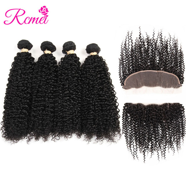 Rcmei Brazilian Kinky Curly Human Hair Bundles With Frontal 4 Bundles With Baby Hair 13*4 Lace Frontal Good Quality Hair No Shedding