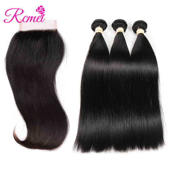 Rcmei Hair Extension 100% Human Hair Bundles With Closure Brazilian Hair Bundles Straight 3 Bundles With Lace Closure Free/Midlle/Three Part