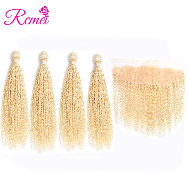 Rcmei 613 Blonde Kinky Cruly Lace Frontal With Bundles Brazilian Remy Hair Human Hair 4 Bundles With 13x4 Frontal Pre-Plucked Free Shipping